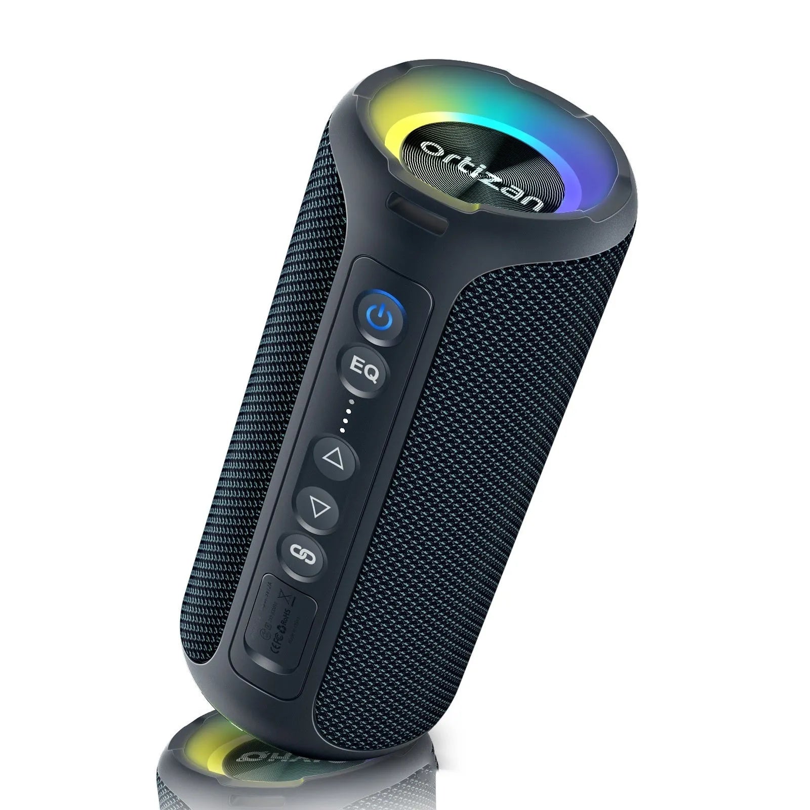 Black and blue fabric wireless Bluetooth speaker with 40W power and built-in lighting effects.
