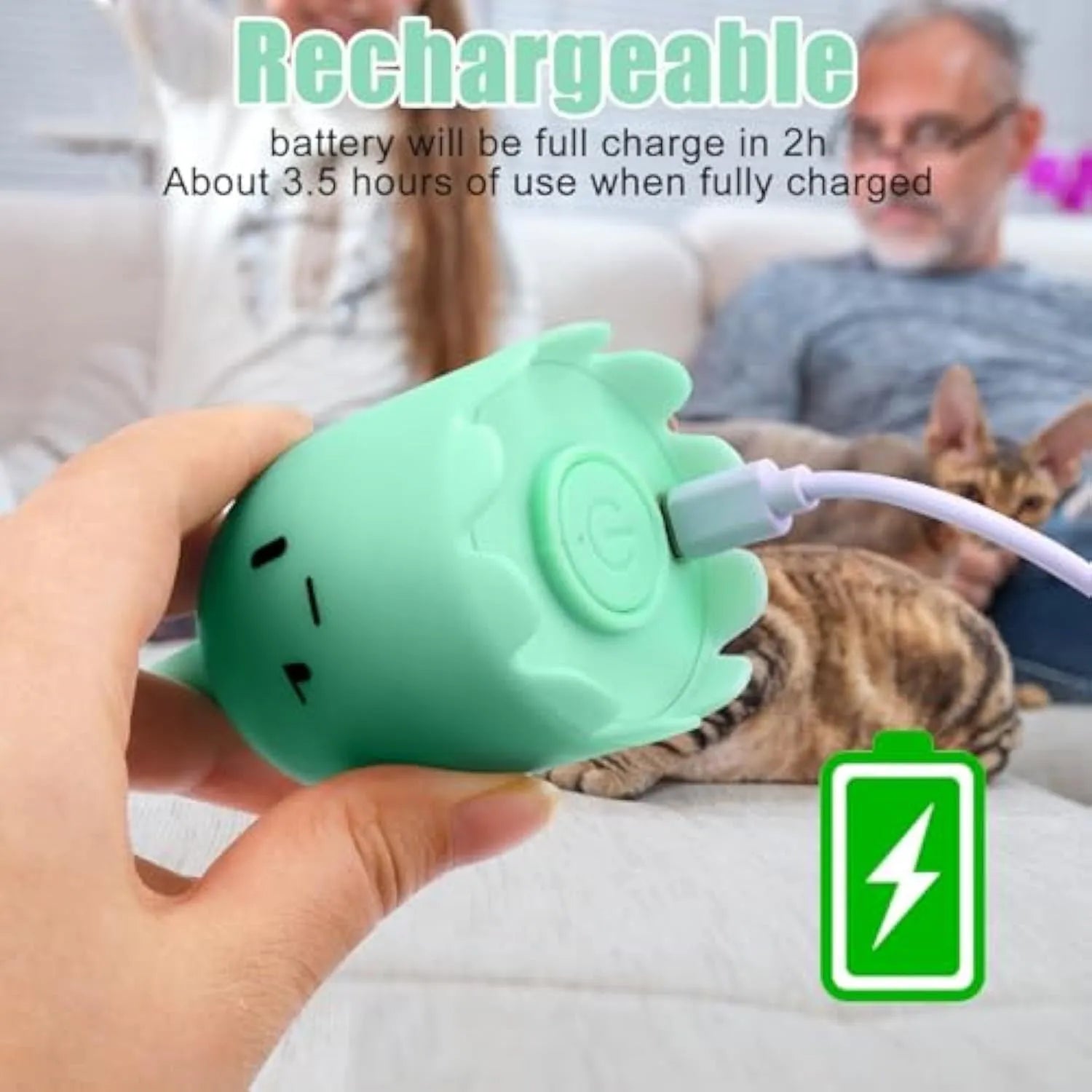 Green automatic cat wand toy with rotating silicone tails for indoor cat entertainment