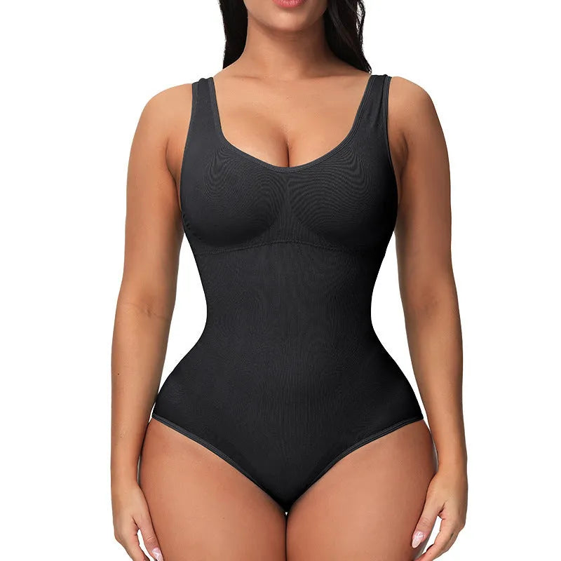 Green seamless nylon women's bodysuit corset laid flat, showing its one-piece shapewear design.