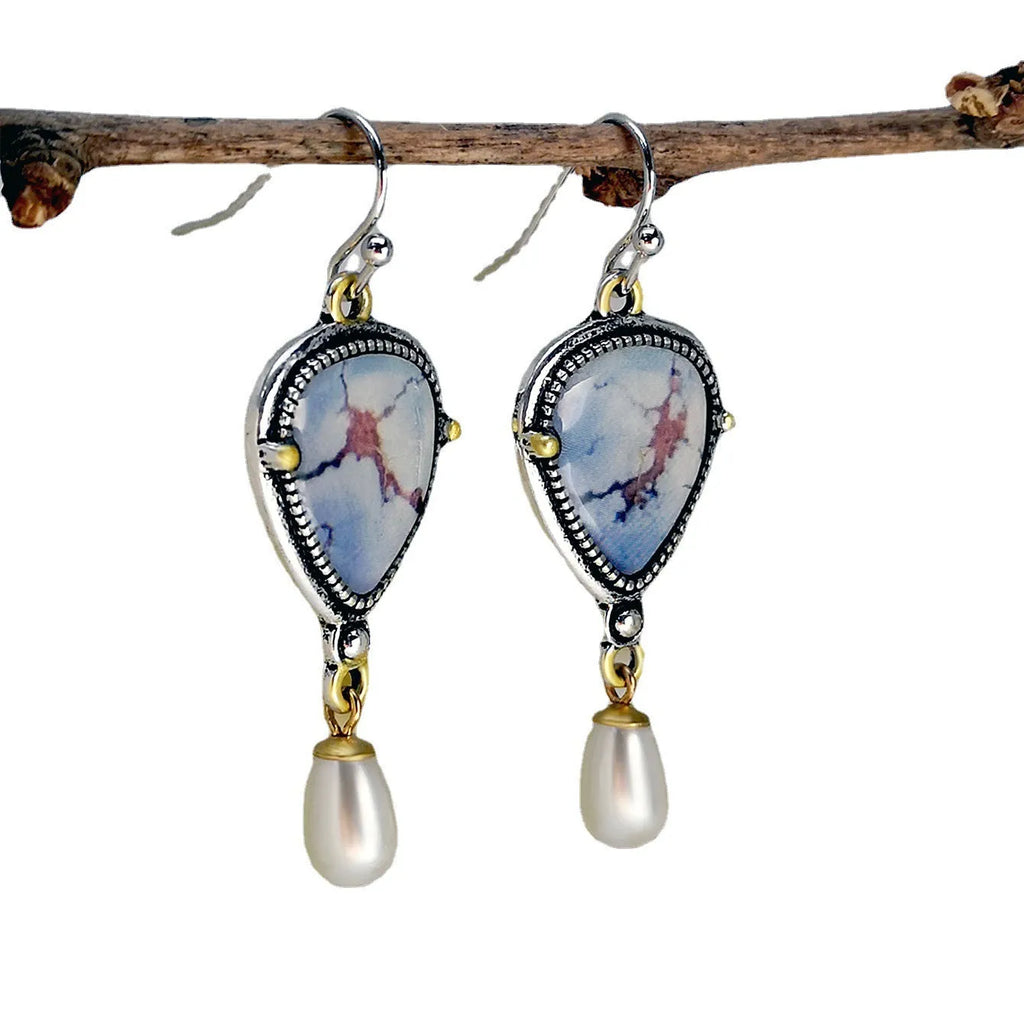 Retro blue drop earrings with synthetic opal, white pearls, and geometric bohemian design
