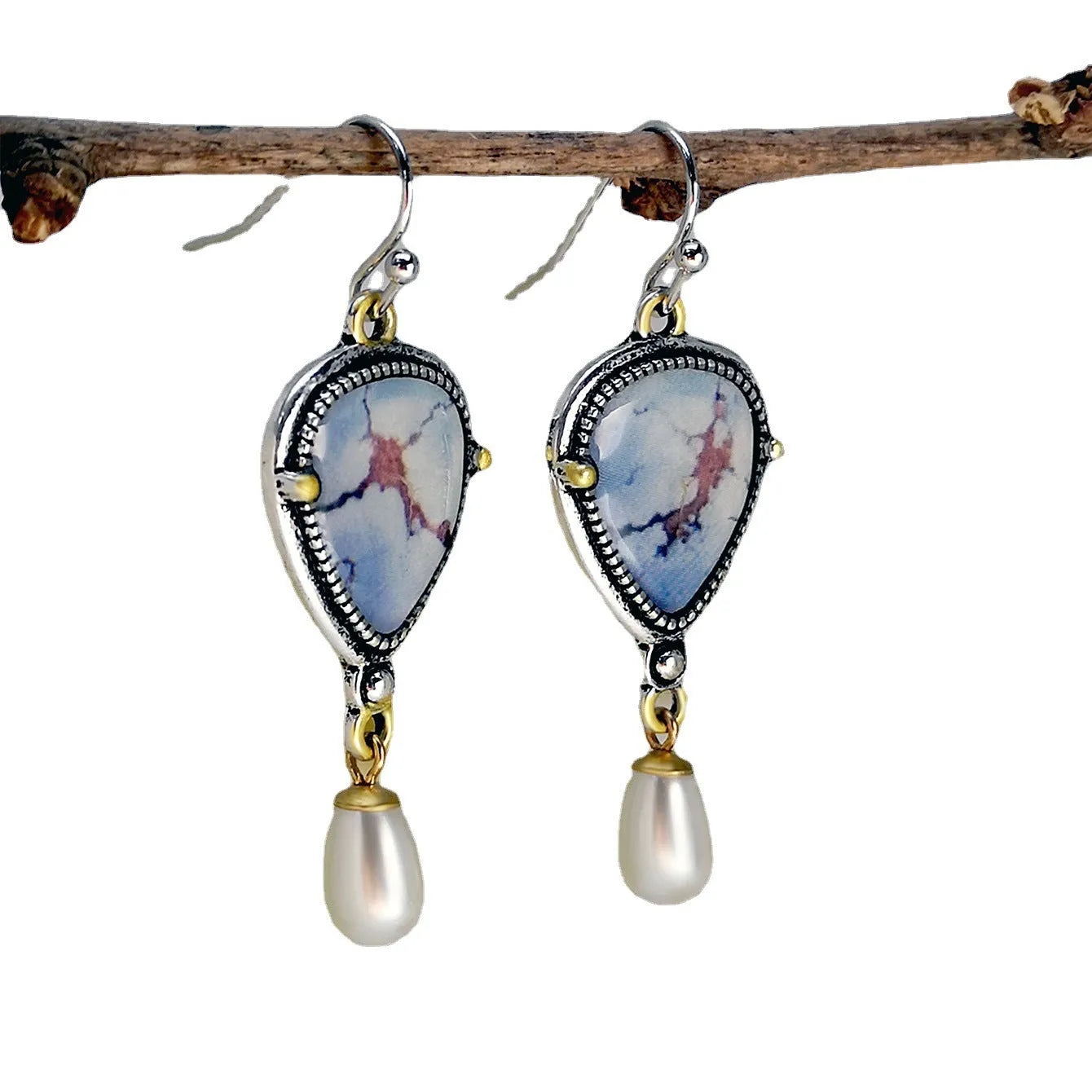 Retro blue drop earrings with synthetic opal, white pearls, and geometric bohemian design