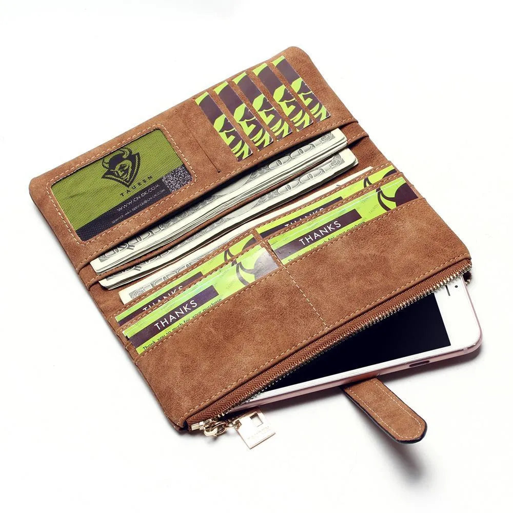 Vertical long wallet with retro matte leather finish showing zip closure and internal card organisation