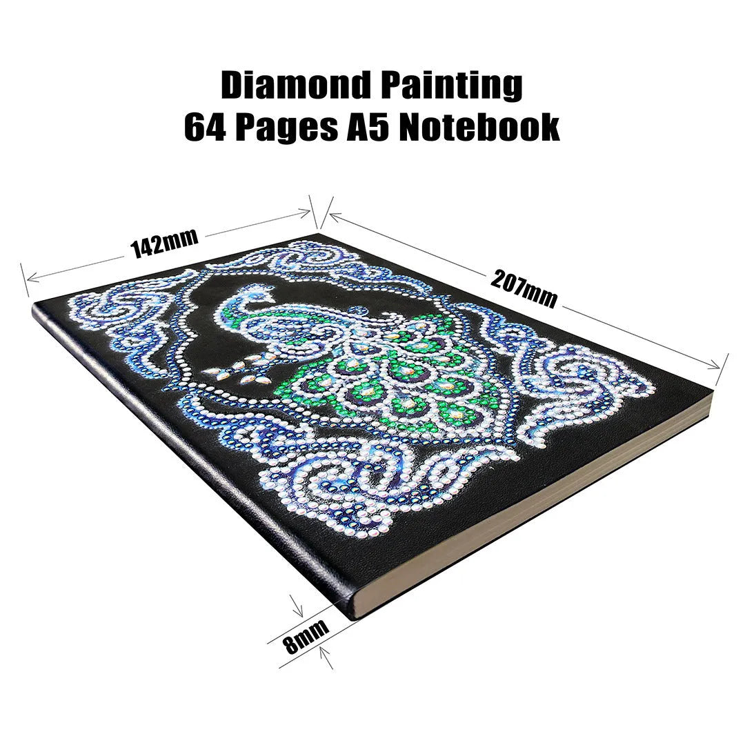 Black A5 diamond painting notebook with peacock theme design for craft project organisation