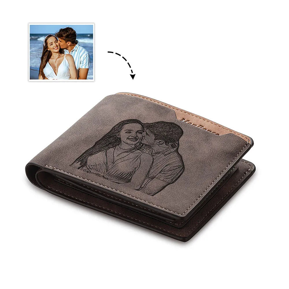 Coffee brown horizontal PU leather wallet with personalised photo engraving on the front, showing seven card slots inside.