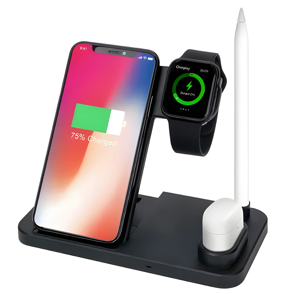 4-in-1 wireless charging station with adjustable stand charging iPhone, Apple Watch, and AirPods
