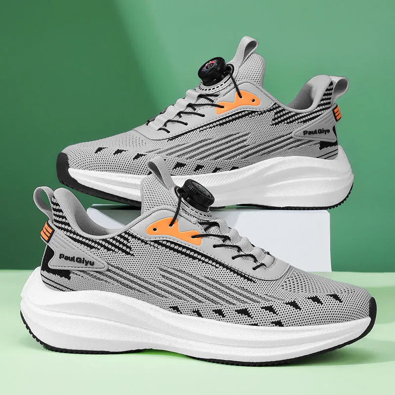 Men's white green rotating buckle fly-kit mesh casual sports running shoes with TPU sole