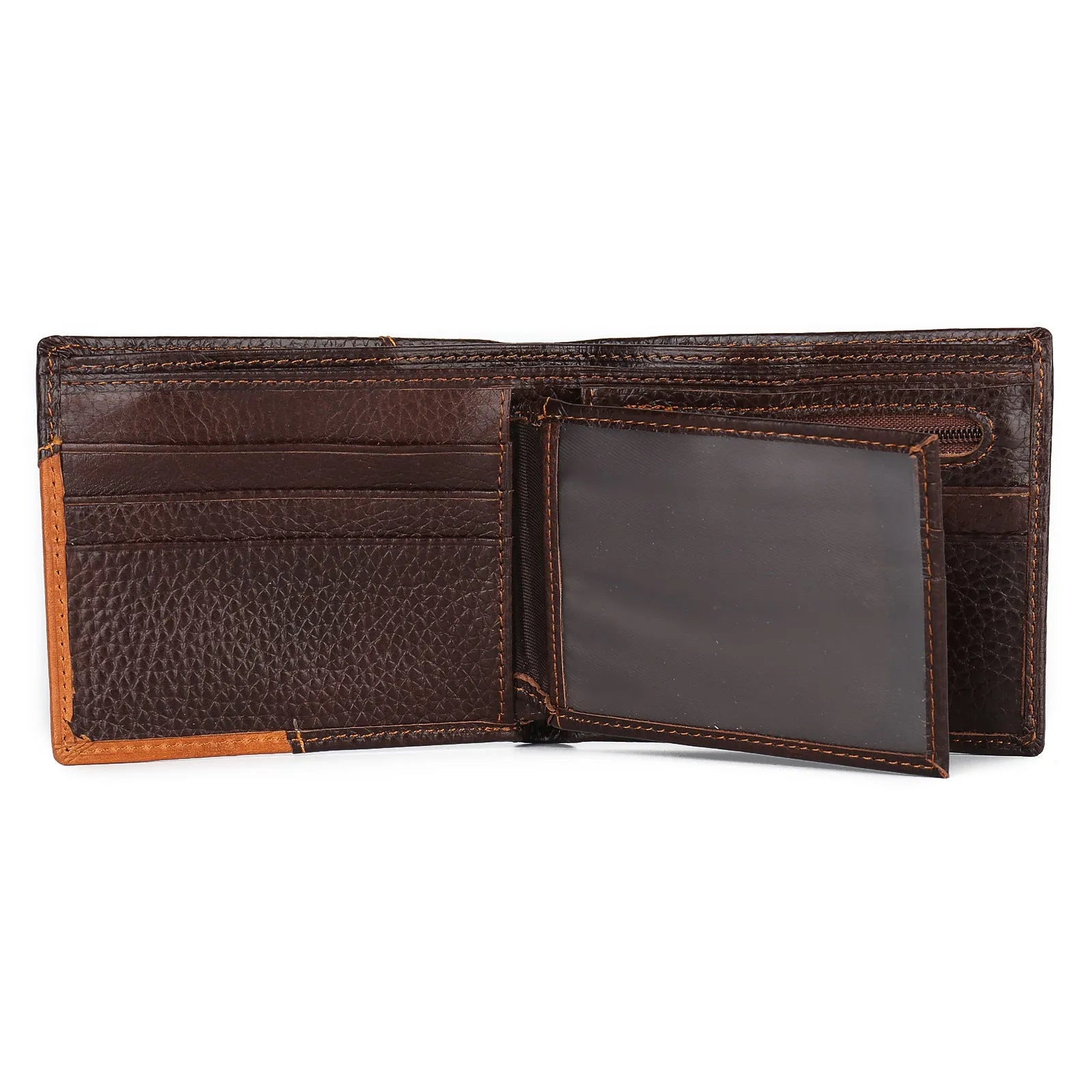 Korean style horizontal leather wallet with personality stitching, open to show bill holder, card slots and zipper compartment.