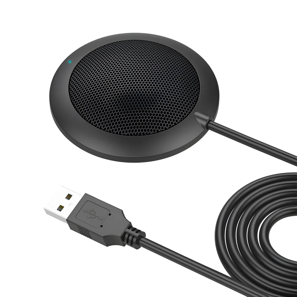 Black USB conference microphone with zinc alloy shell and metal mesh cover for 360-degree omnidirectional pickup