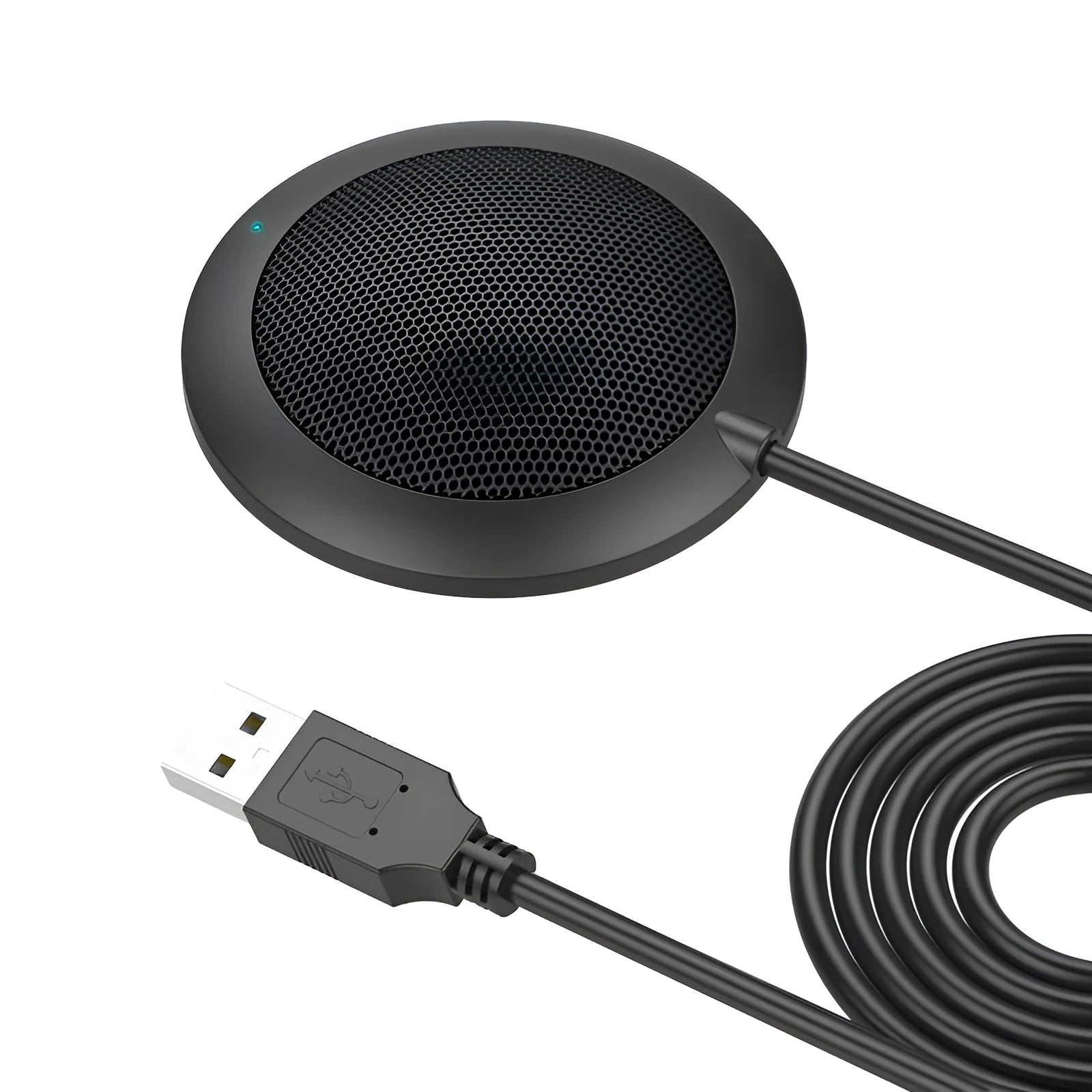 Black USB conference microphone with zinc alloy shell and metal mesh cover for 360-degree omnidirectional pickup