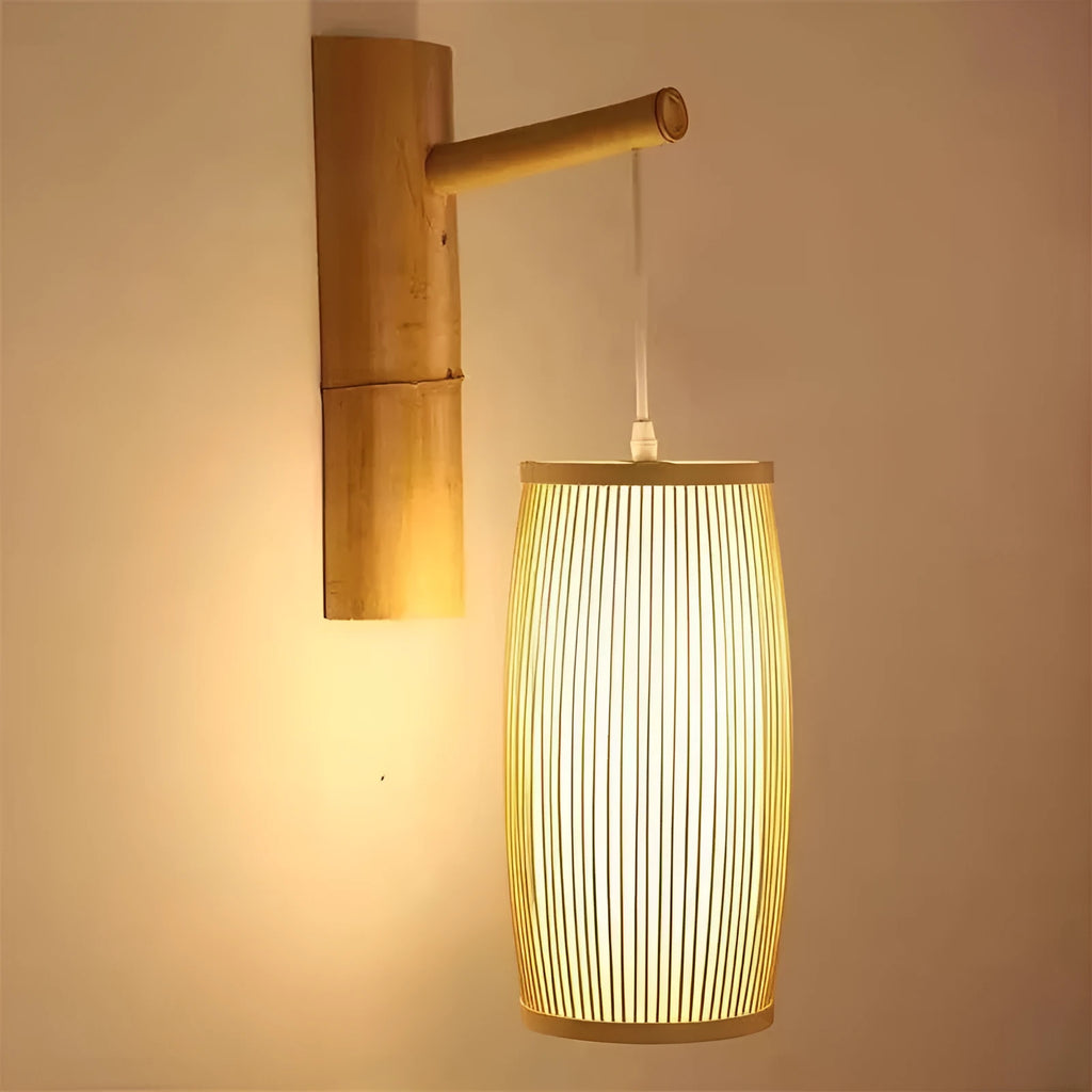Southeast Asian woven bamboo plait lamp with natural finish for hall and staircase decoration