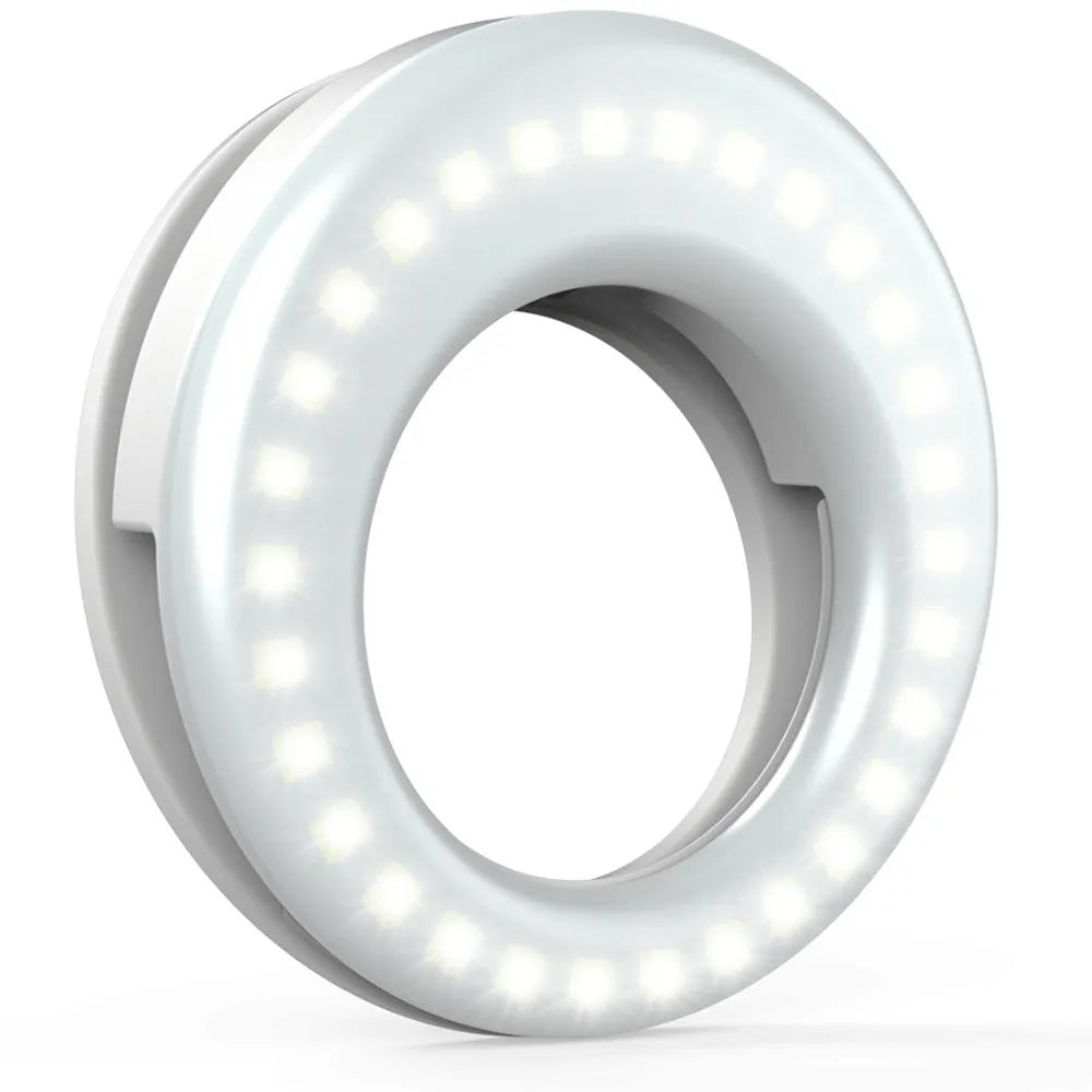 Black USB-rechargeable selfie ring light for mobile phone photography with adjustable brightness