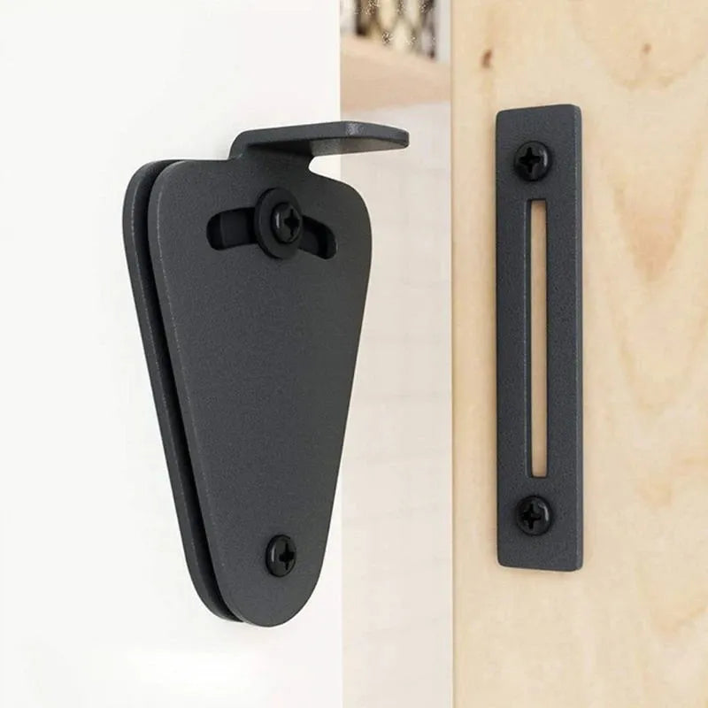 Black stainless steel sliding barn door lock shown with two size options.