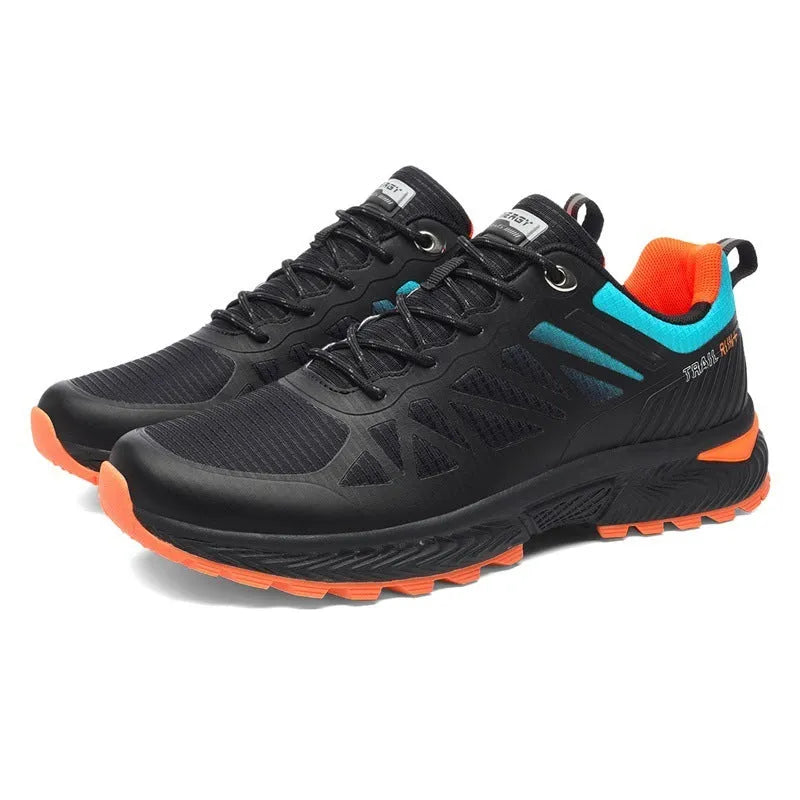 Men's plus size black mesh running shoes with round toe and lace-up front