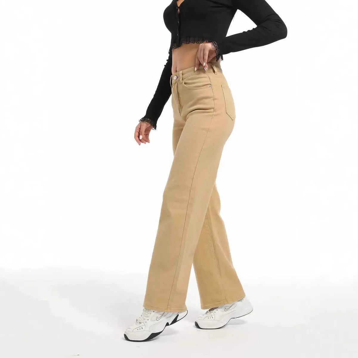Women's high waist wide leg autumn jeans in apricot and khaki cotton
