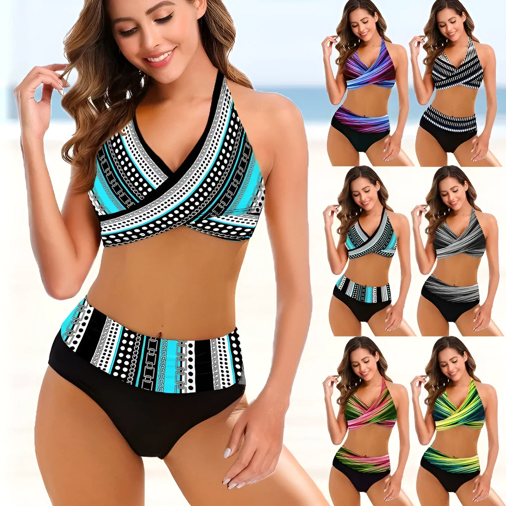 Ladies high-waisted striped tie-dye bikini set with backless briefs on a mannequin.