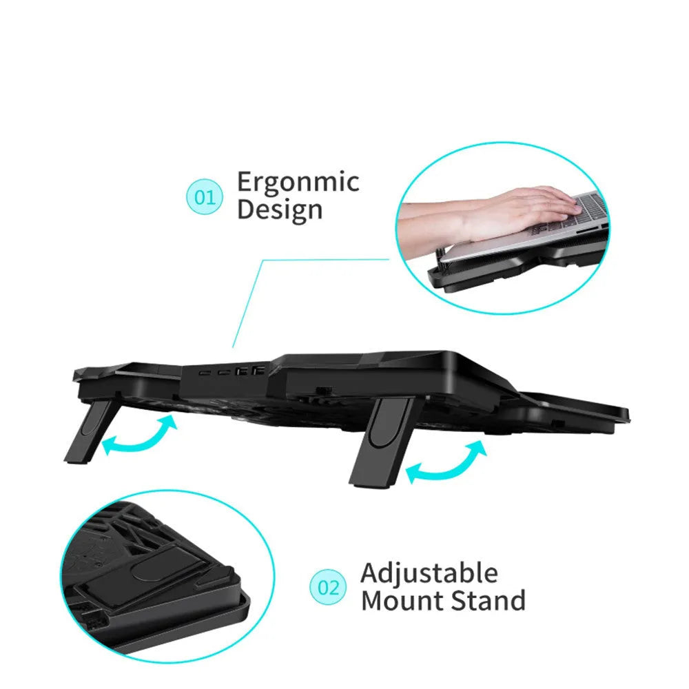 Blue laptop cooling pad with four illuminated fans, two USB ports, and speed control switches on a desk.