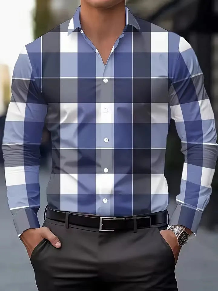 Men's striped long sleeve button-up shirt in polyester, shown in available colours.
