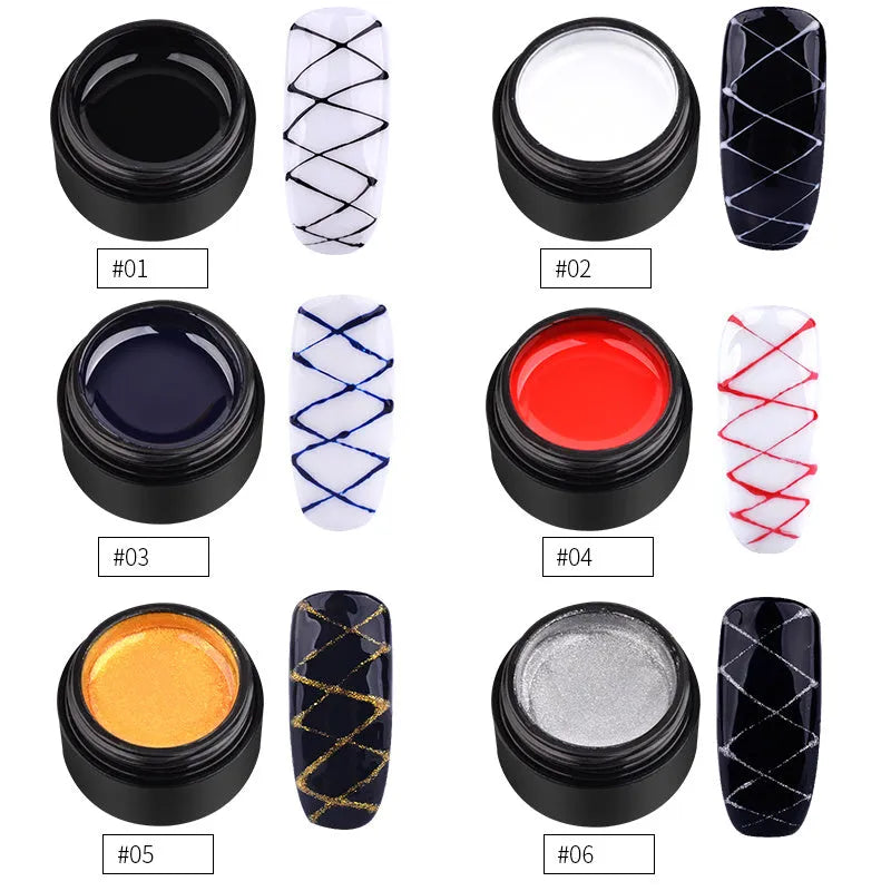 Set of six 5ml nail art elastic drawing gum bottles in black, white, blue, red, glitter gold, glitter silver