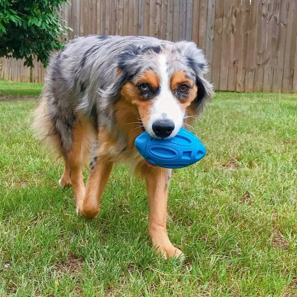 Blue, green, and orange natural rubber squeaky dog ball with textured surface grooves for aggressive chewers.