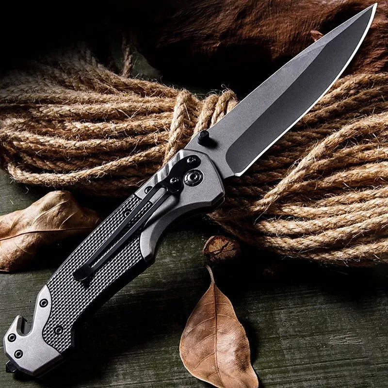 Alloy folding knife with 60-degree blade tip angle showing plain and textured handle options