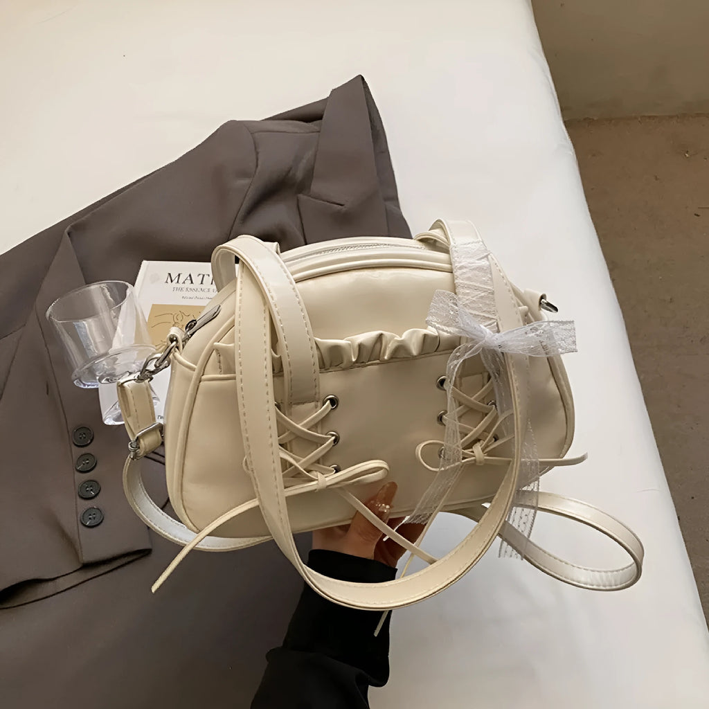 Women's bandage bow shoulder handbag in PU leather with mobile phone compartment