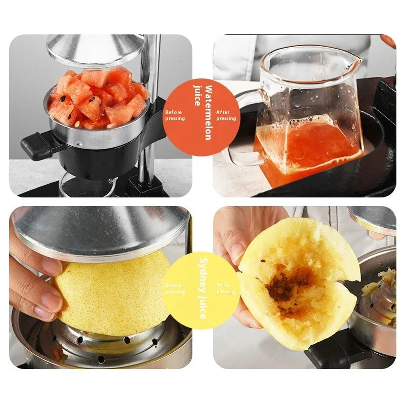 Black manual cast iron citrus juicer with stainless steel strainer on a kitchen counter.