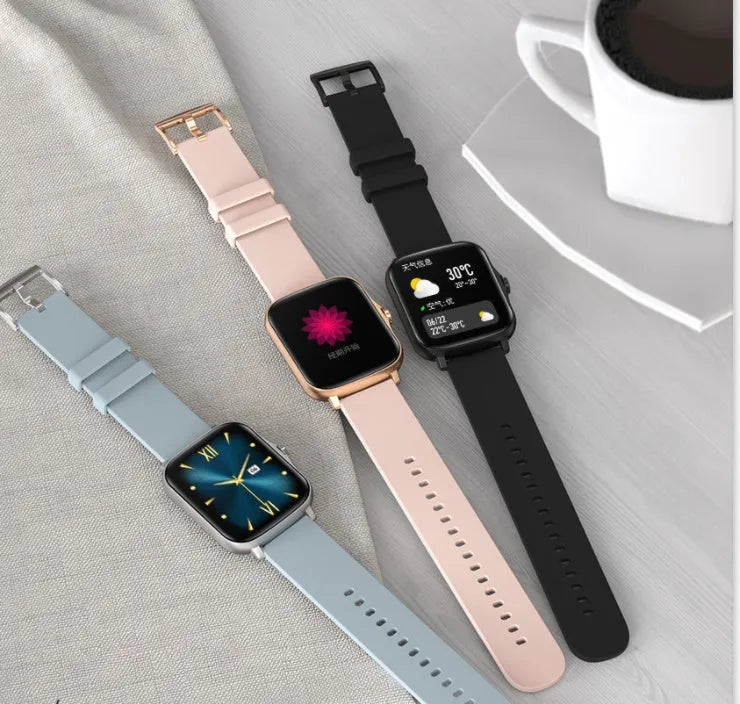 Black smart watch with 1.7-inch colour touch screen on adjustable silicone strap