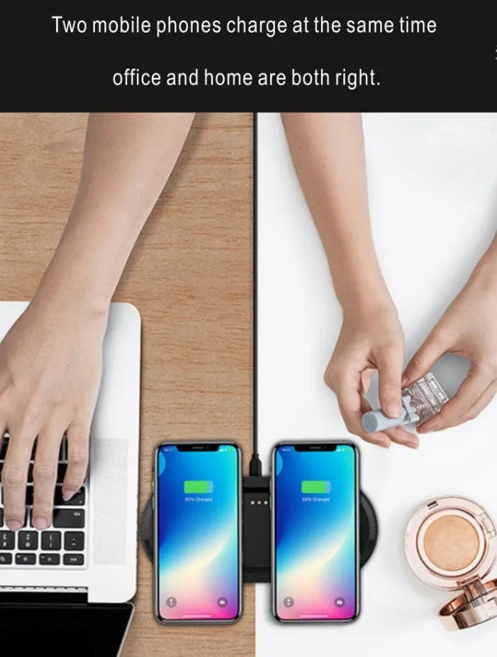 Dual wireless charging pad showing two phone charging positions with black or white colour options