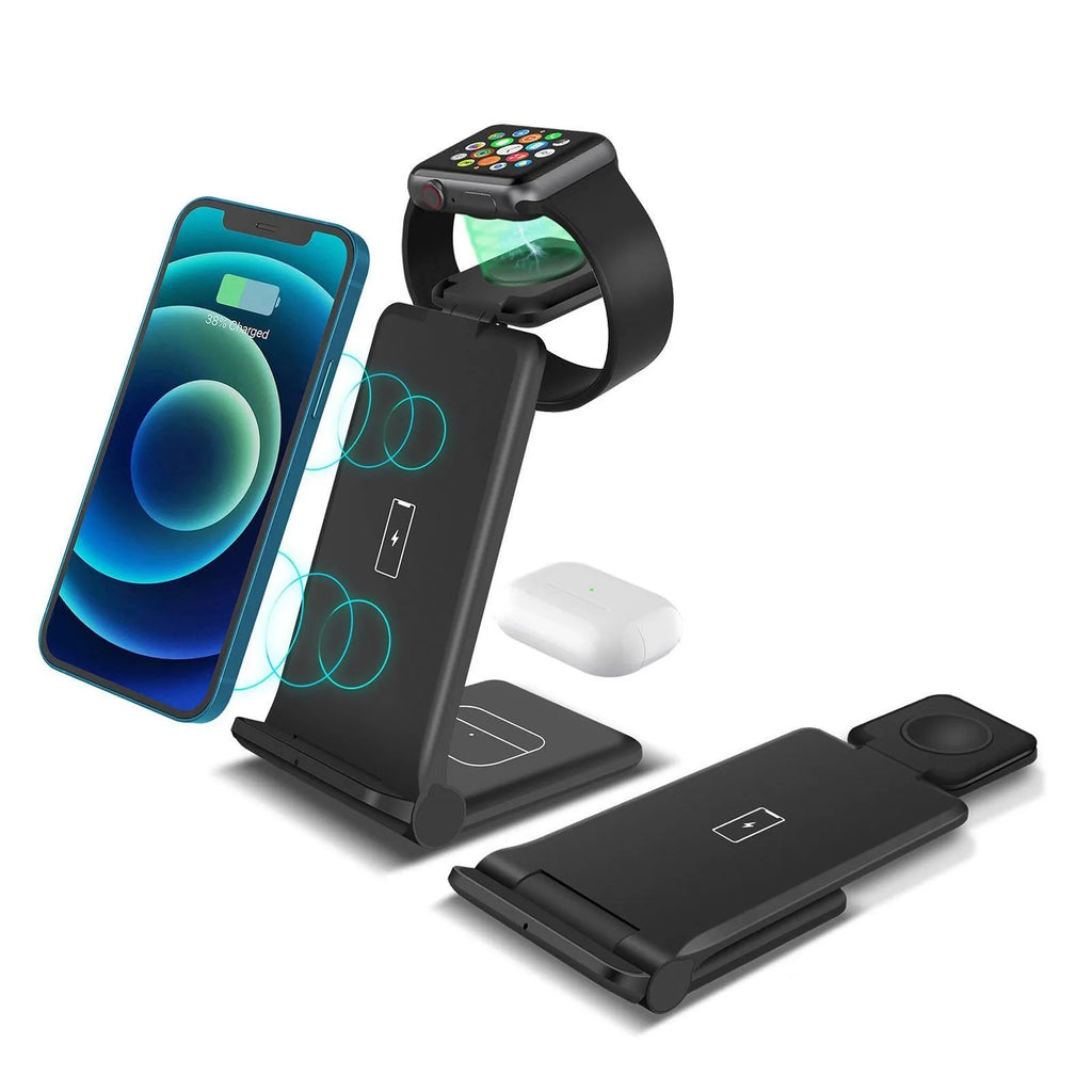 Black and white 3-in-1 wireless charging station showing phone, smartwatch and earbuds charging simultaneously