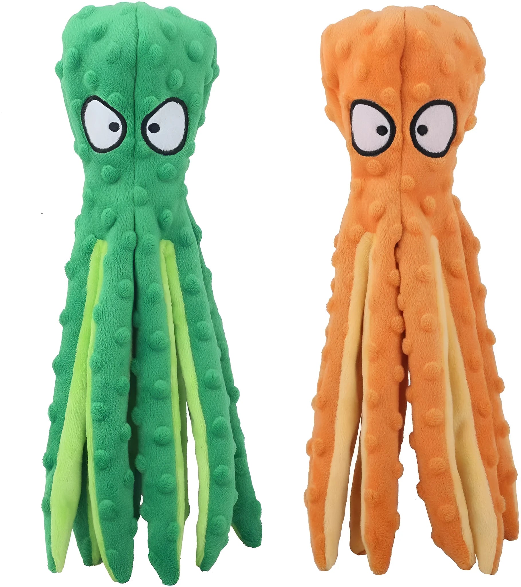 Blue octopus-shaped dog toy with crinkle sound features measuring 32cm long