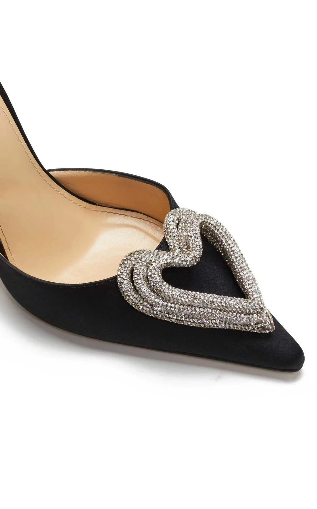 Women's pointed toe sandals with heart rhinestones on satin upper, showing adjustable winding tape or cross belt style.