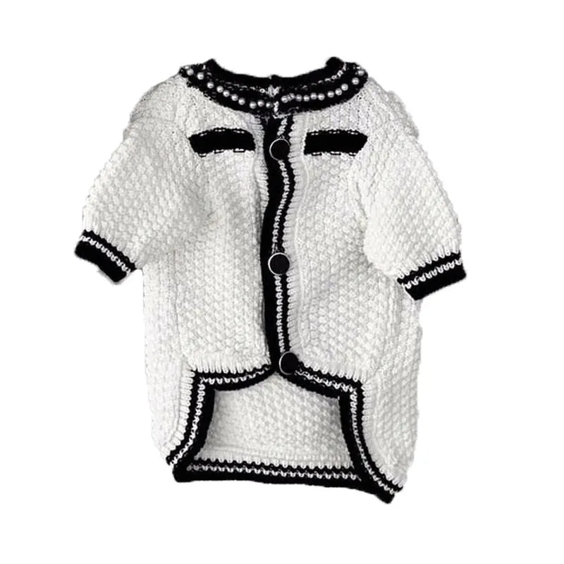 Korean style white puppy sweater with pearl collar for small dogs
