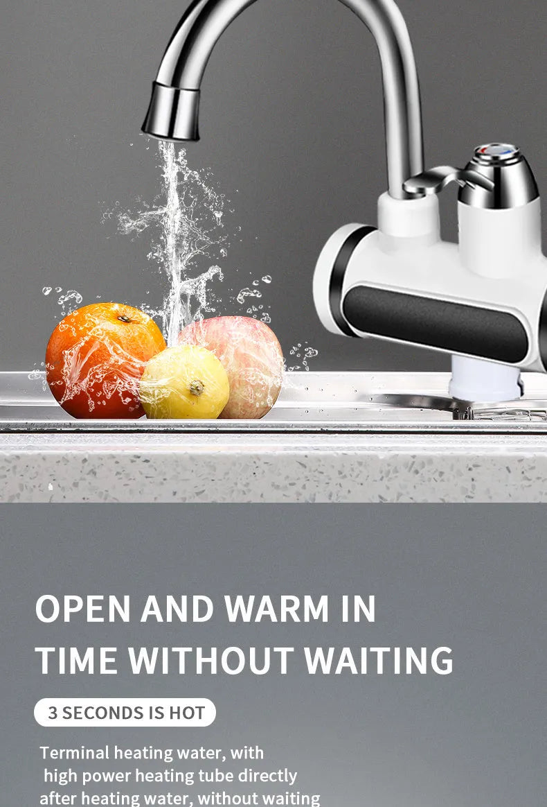 White kitchen electric water heater tap with digital temperature display and control panel