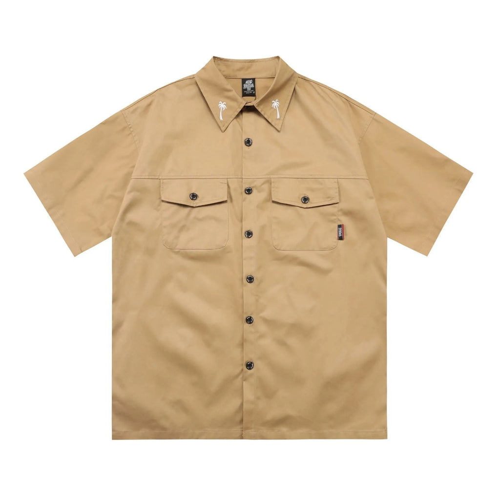 Men's black cotton blend loose fit shirt with half sleeves and embroidered detail.