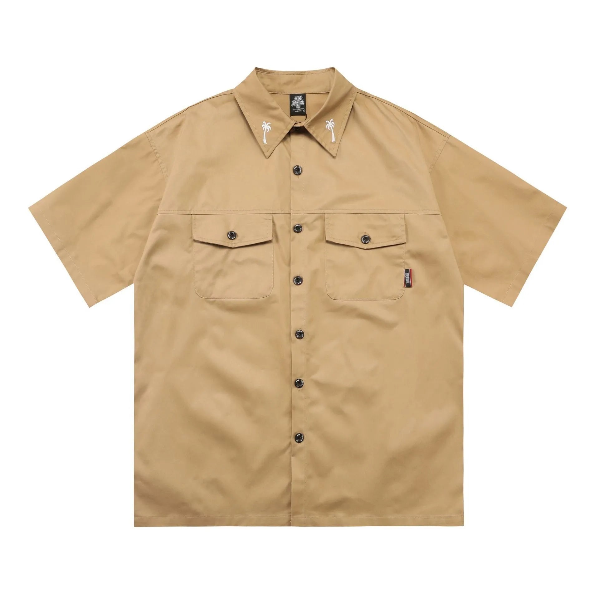 Men's black cotton blend loose fit shirt with half sleeves and embroidered detail.
