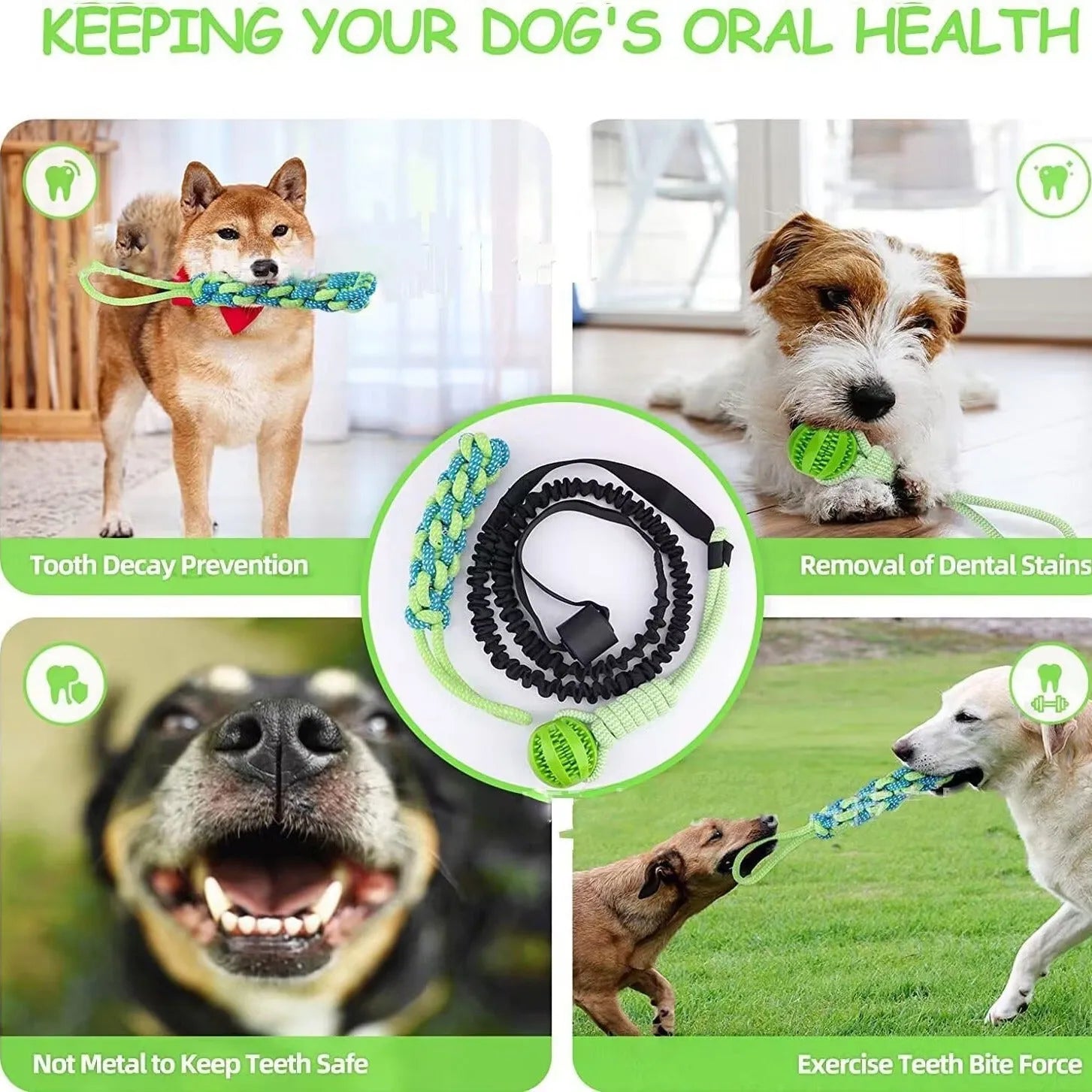 Cotton thread dog tug of war rope toy in green corncob, teether ball, or handle drawstring styles