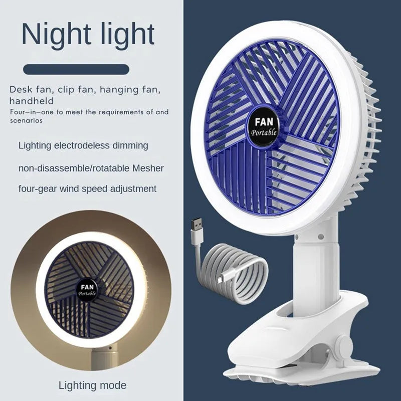 White and blue plastic rechargeable clip fan with USB cable, 29x18cm, clamped on a desk edge