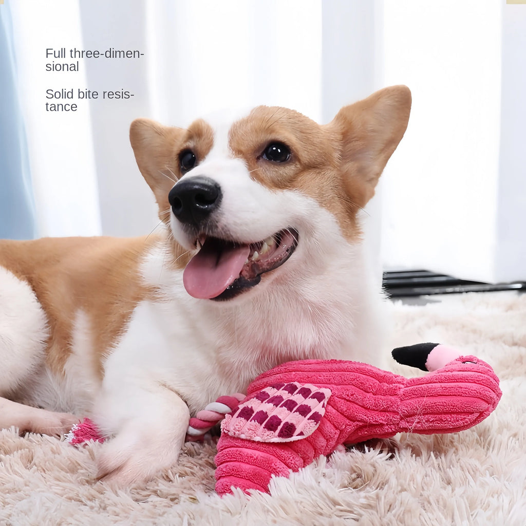 Pink corduroy rabbit-shaped dog toy with crinkle sound, measuring 28cm.
