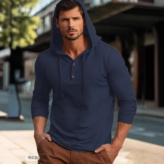 Men's cotton pullover hoodie in dark blue, shown in a European size, with long sleeves.