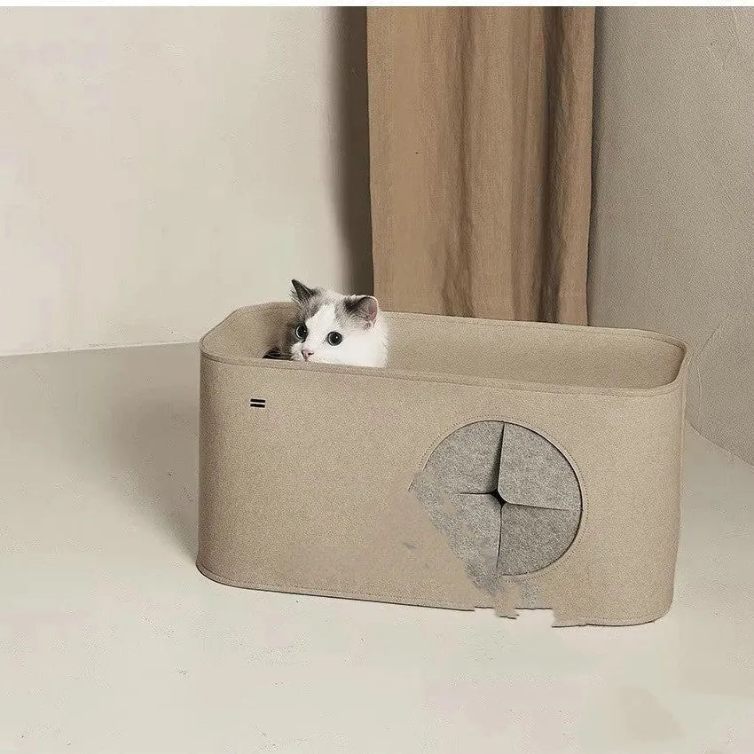 Grey foldable felt cat bed nest shown next to khaki version, demonstrating two size options