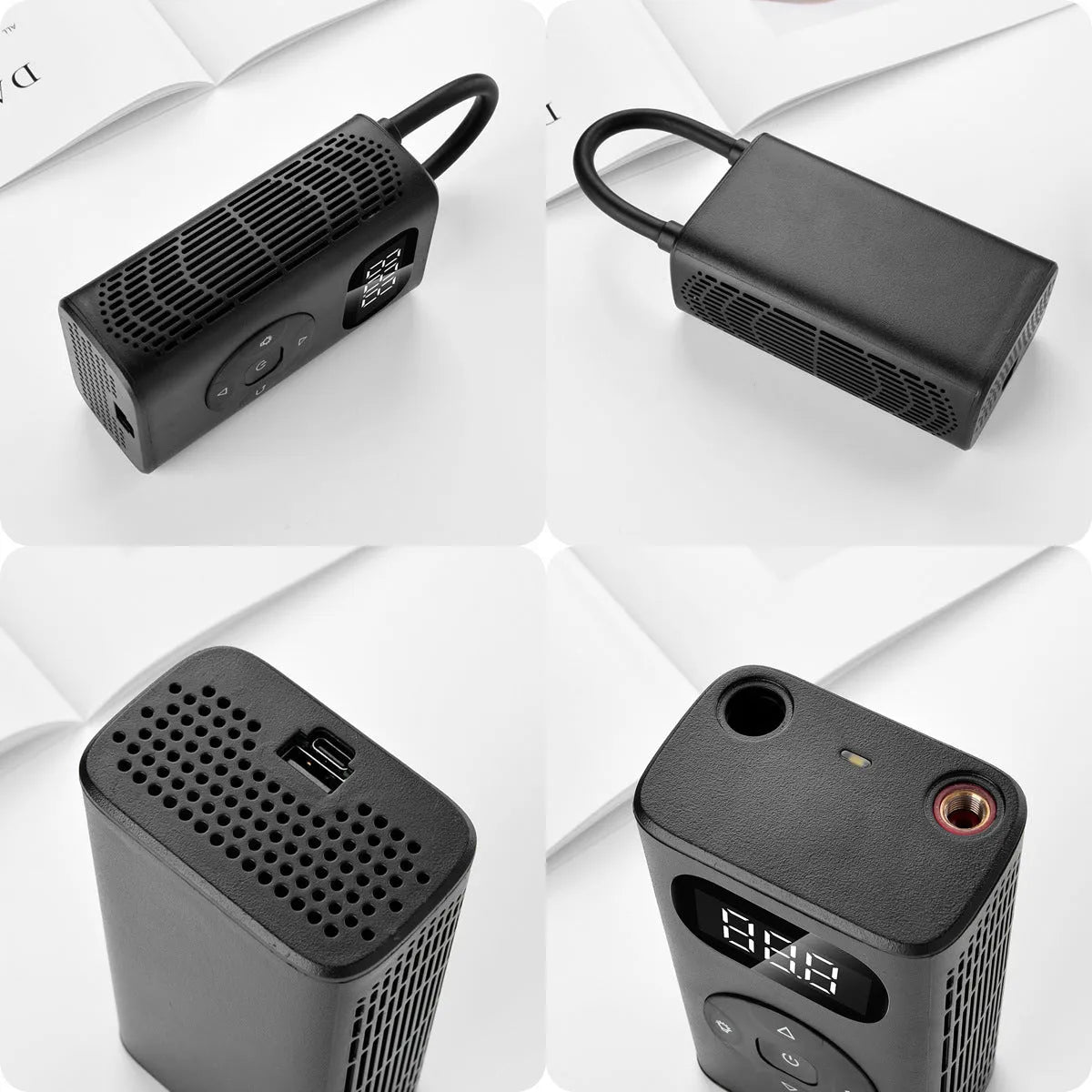Black portable digital tyre inflator with power bank, USB cable, and 16cm tube on a grey background.