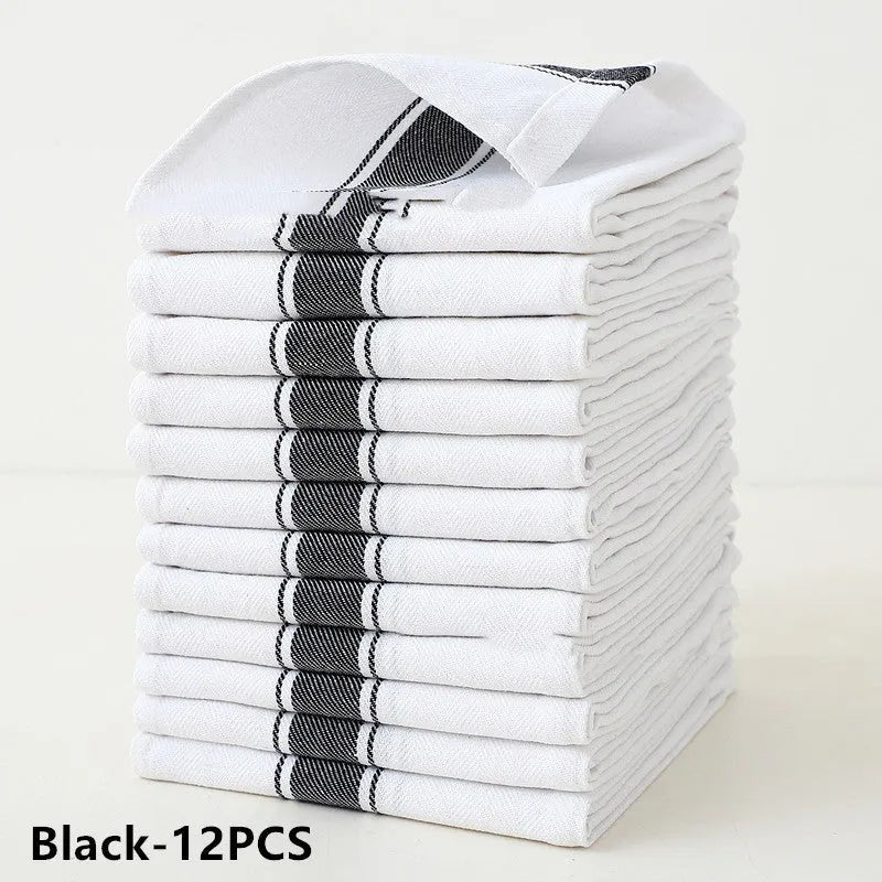 Cotton dishwashing towels in stripe pattern showing black, blue, brown, yellow and multicolour options