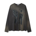 Women's cotton pullover top with letter pattern, drop shoulder sleeves, and loose fit in dark grey colour