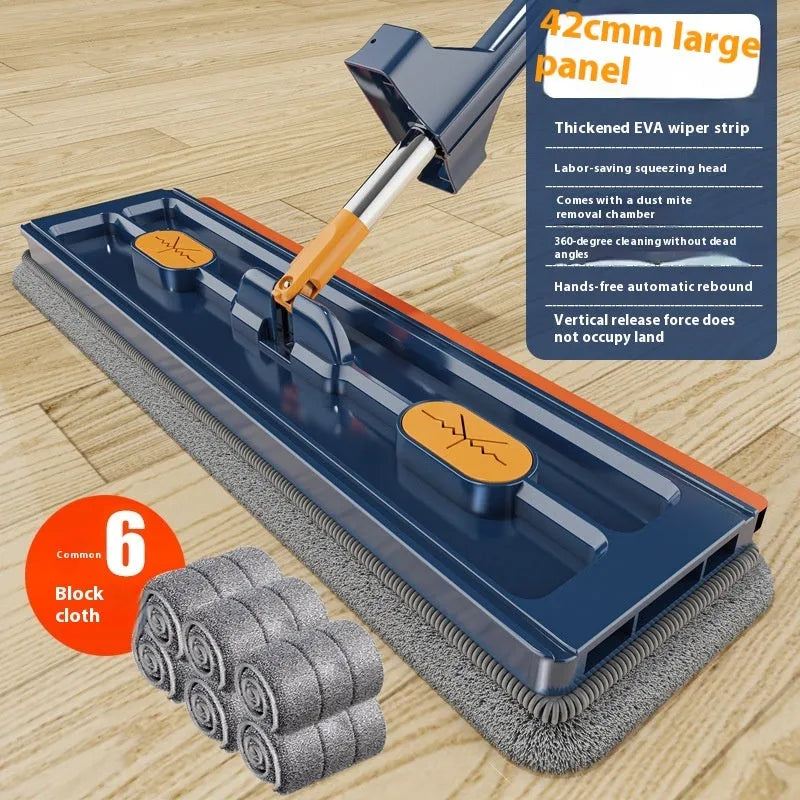 Large flat mop with stainless steel handle and 360-degree rotating head on hard floor