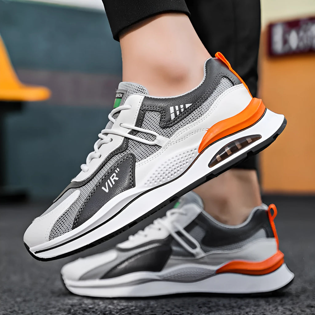 Men's grey mesh casual shoes with round toe and sewing thread details for summer running