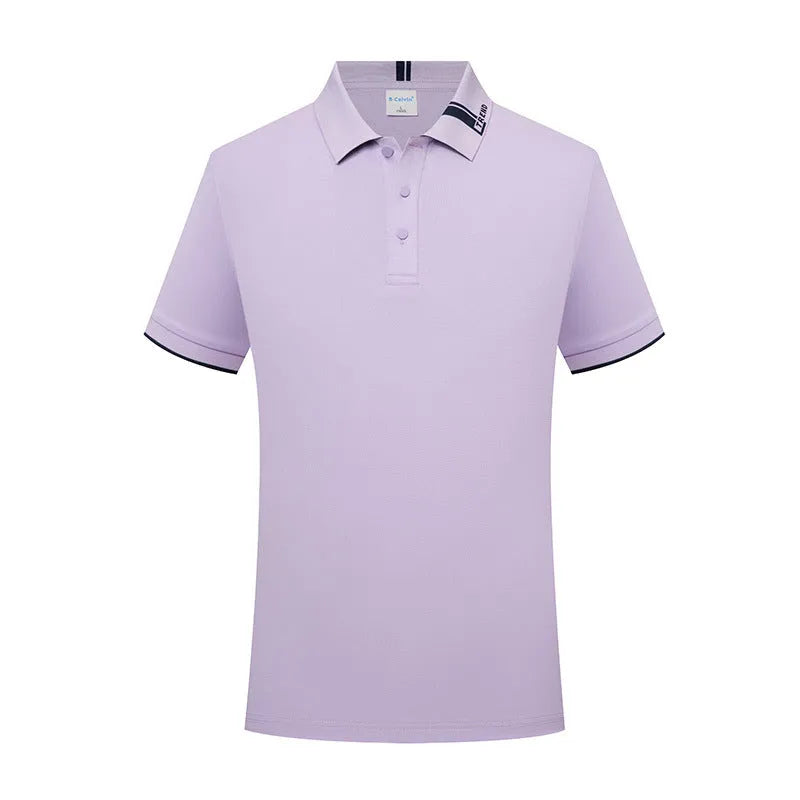 Cotton blend short sleeve lapel polo shirt in light purple with loose cut
