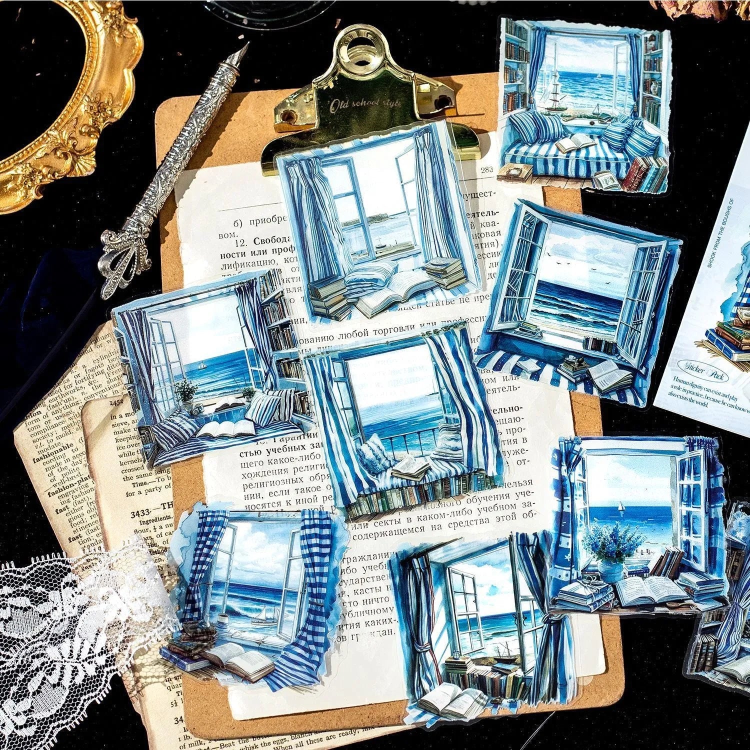 Set of six retro window scene decorative stickers for journals, showing garden, seaside, and street corner designs.
