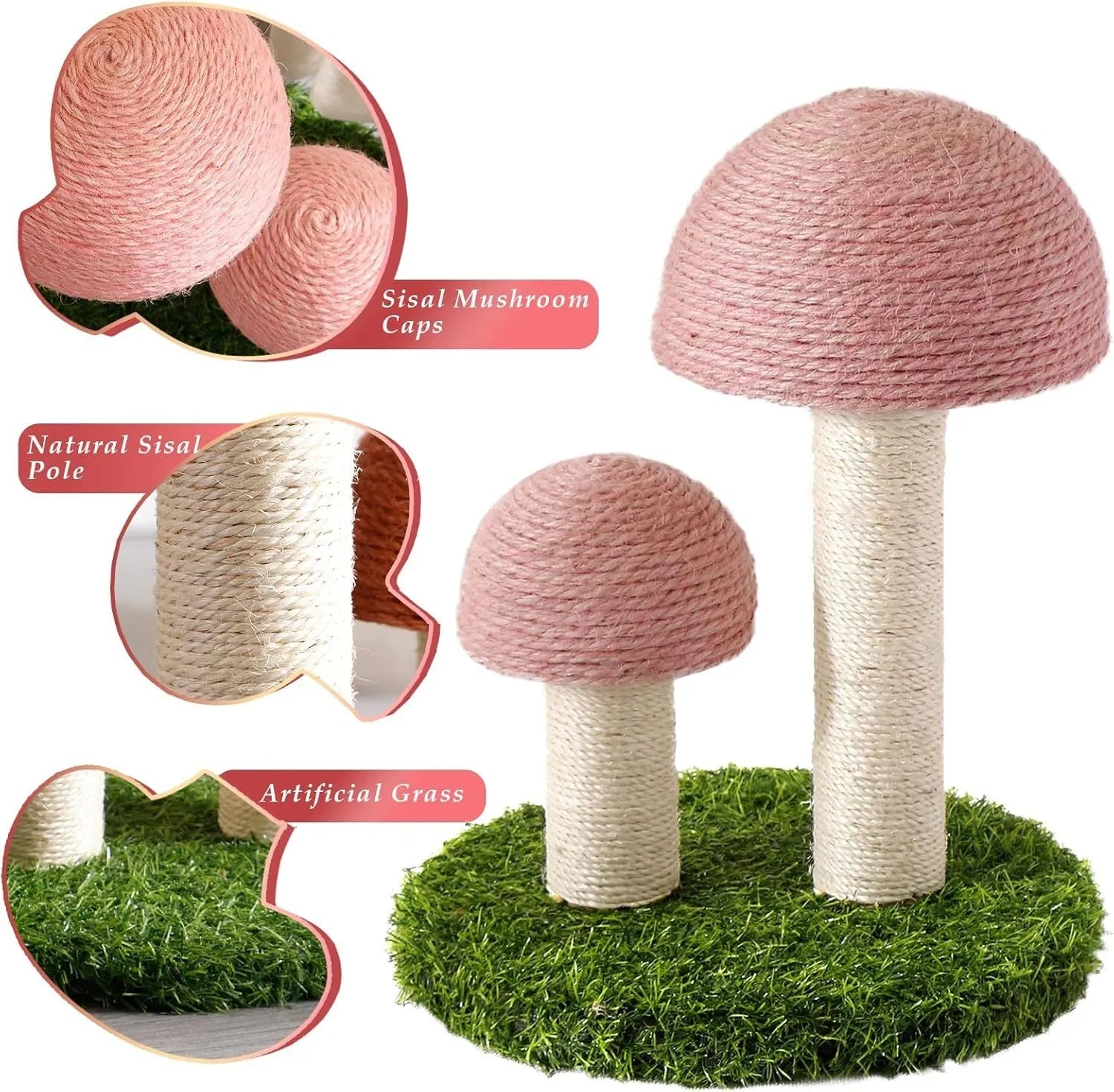 Pink mushroom-shaped cat scratching post with natural sisal caps and pole on a sturdy base.