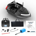 Black remote control fishing boat with GPS antenna on a calm lake, showing remote control.