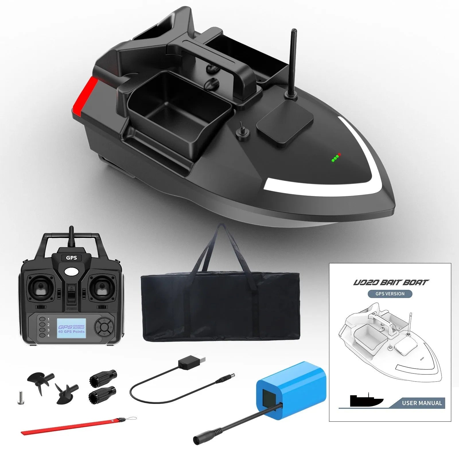 Black remote control fishing boat with GPS antenna on a calm lake, showing remote control.